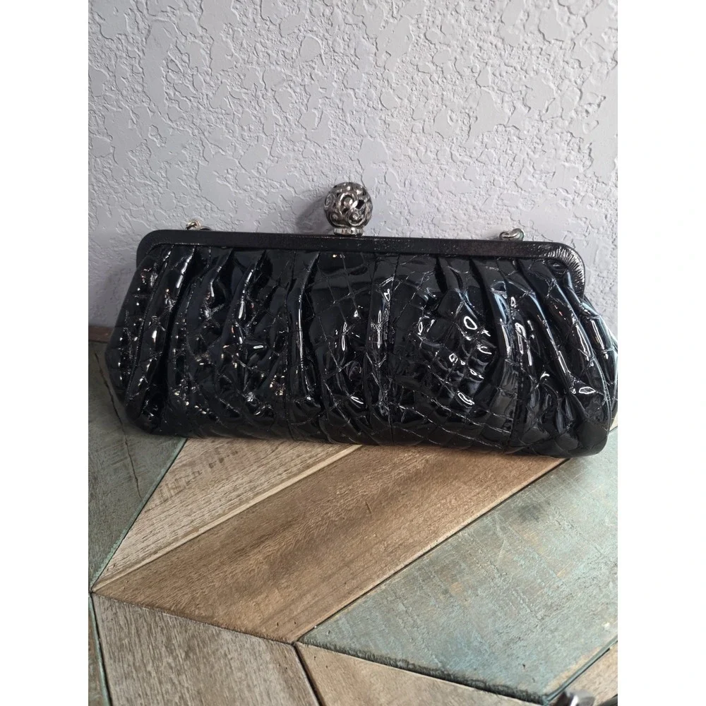 Brighton Black Patent Leather Chain Strap Shoulder Hand Bag Clutch‎ Formal